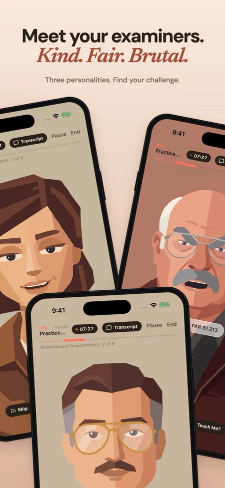 PocketDPE screenshot: Meet your examiners. Kind. Fair. Brutal. Emma, Cornelius and Mike on three phones.