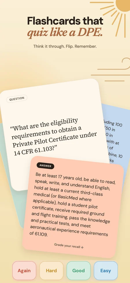 PocketDPE screenshot: Flashcards that quiz like a DPE. A question about Private Pilot eligibility under 14 CFR 61.103, its answer, and Again, Hard, Good and Easy buttons.