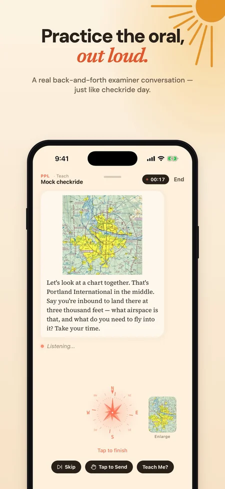 PocketDPE screenshot: Practice the oral, out loud. The examiner shows a sectional chart and asks about the airspace around Portland International.