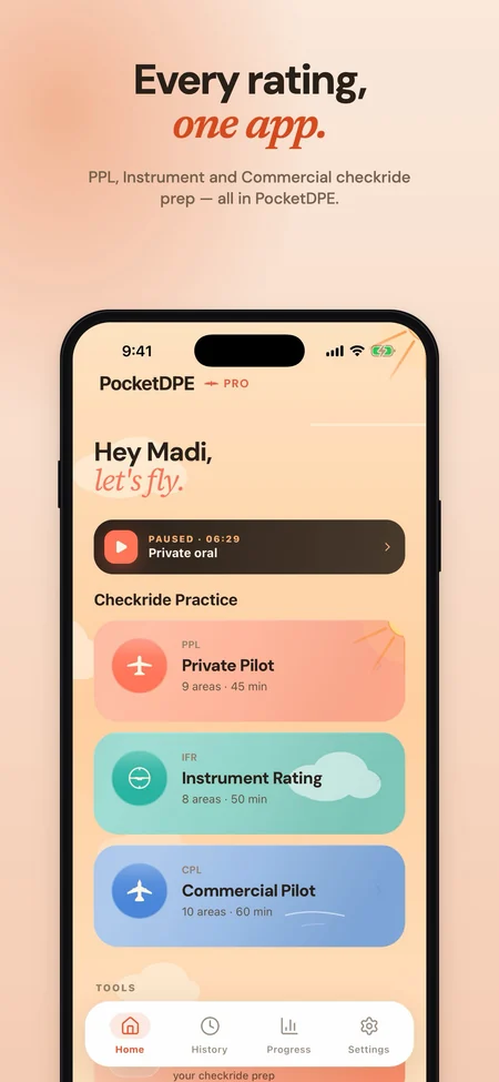 PocketDPE screenshot: Every rating, one app. The home screen with Private Pilot, Instrument Rating and Commercial Pilot checkride practice.