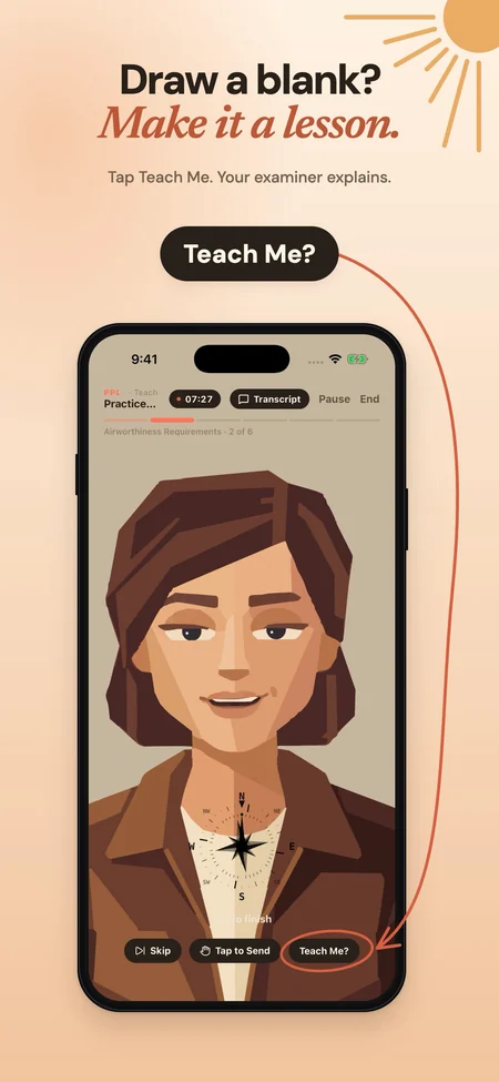 PocketDPE screenshot: Draw a blank? Make it a lesson. Emma mid-oral with the Teach Me button highlighted.