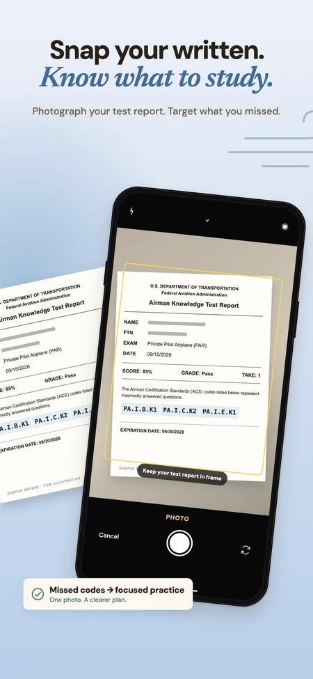 PocketDPE screenshot: Snap your written. Know what to study. The camera frames an FAA Airman Knowledge Test Report.